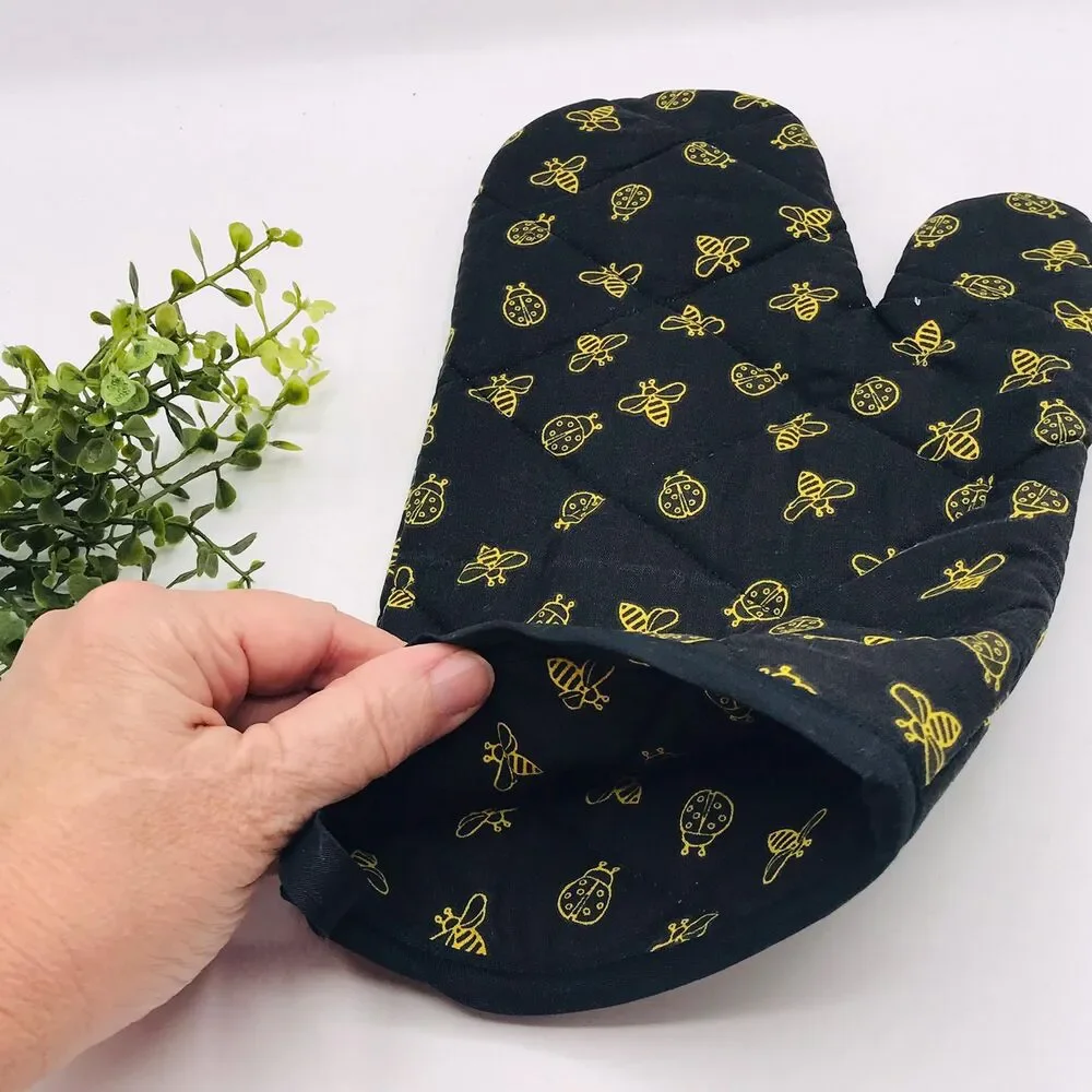 Oven Mitt: Gold Bees and Bugs on Black Baking Mitt Gift Cottage